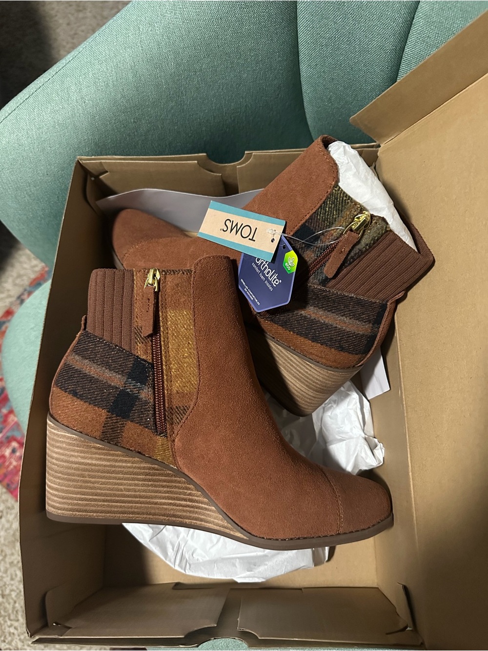Toms Brown Plaid Suede Wedge Booties